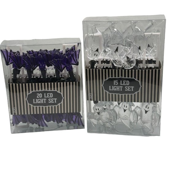 Halloween Purple Bats 20 Clear Ghosts 15 String Led Lights Set of 2 - Picture 1 of 13